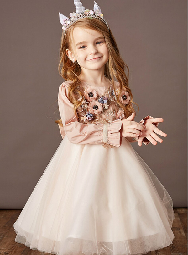 Orange Pink Tulle 3D Appliques Long Sleeve Flower Girl Dress