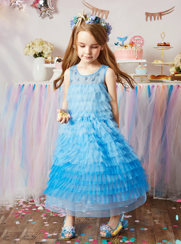 Princess Blue Tulle Tiers Beading Ankle Length Flower Girl Dress