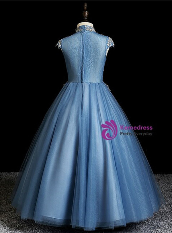 Blue Tulle High Neck Cap Sleeve Appliques Flower Girl Dress