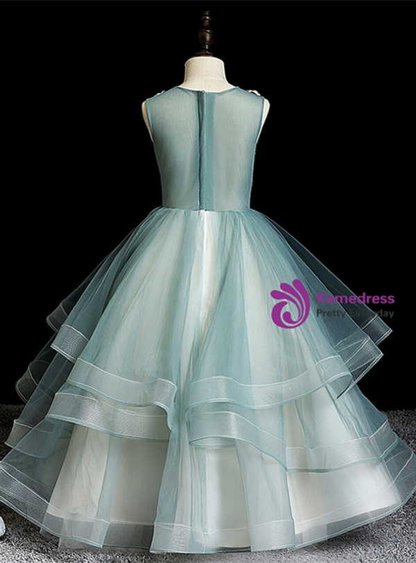 Dramatic Green Tulle 3D Appliques Beading Flower Girl Dress