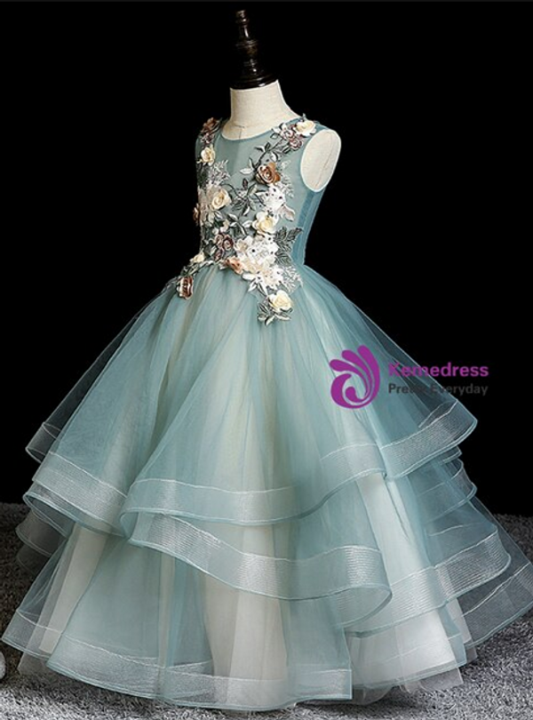 Dramatic Green Tulle 3D Appliques Beading Flower Girl Dress