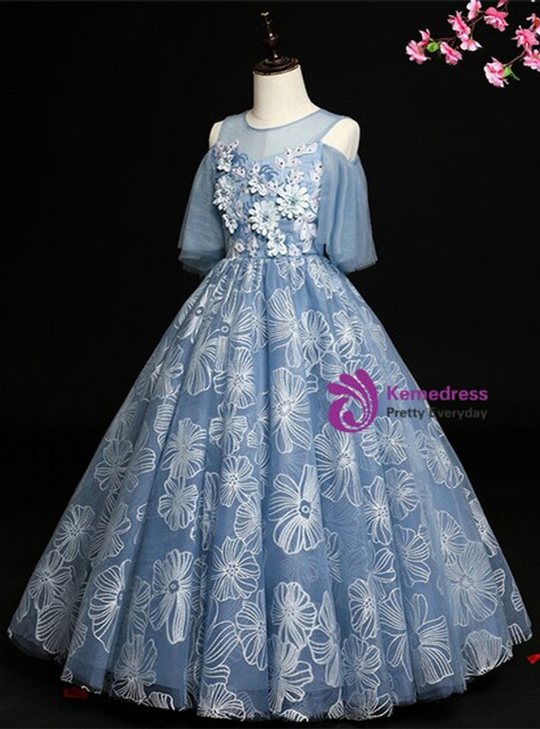 Gray Blue Tulle Cold Shoulder Appliques Beading Flower Girl Dress