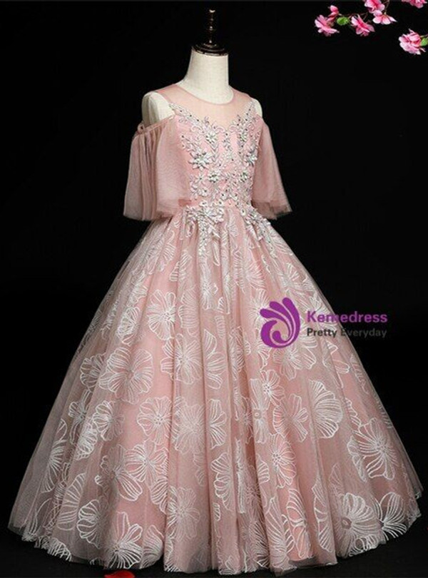 Pink Tulle Cold Shoulder Appliques Beading Flower Girl Dress