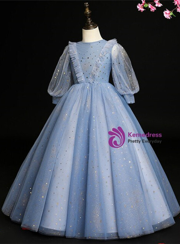 Fabulous Blue Tulle Long Sleeve Sequins Flower Girl Dress