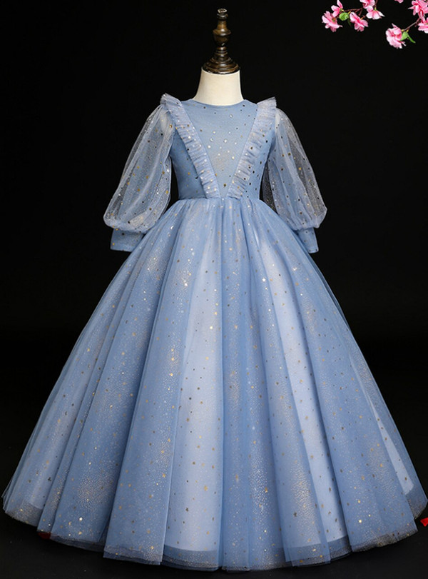 Fabulous Blue Tulle Long Sleeve Sequins Flower Girl Dress