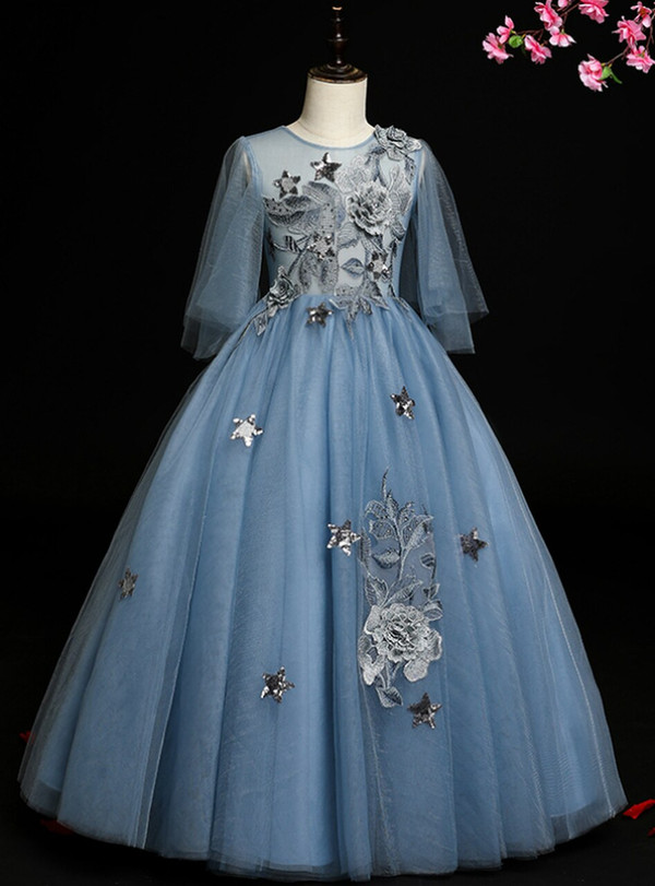 Blue Tulle 3D Appliques Star Sequins Flower Girl Dress