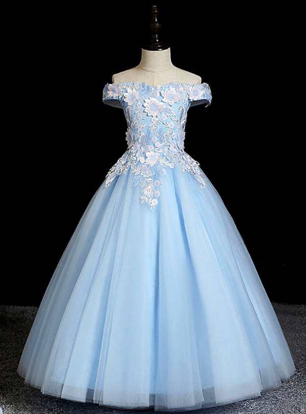 Fantastic Blue Appliques Tulle Off the Shoulder Flower Girl Dress