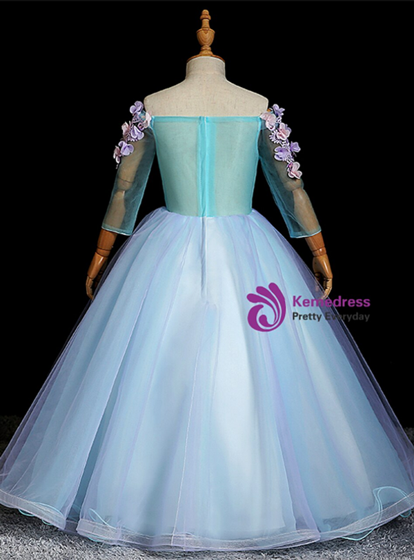 Blue Tulle Long Sleeve Off the Shoulder Appliques Flower Girl Dress