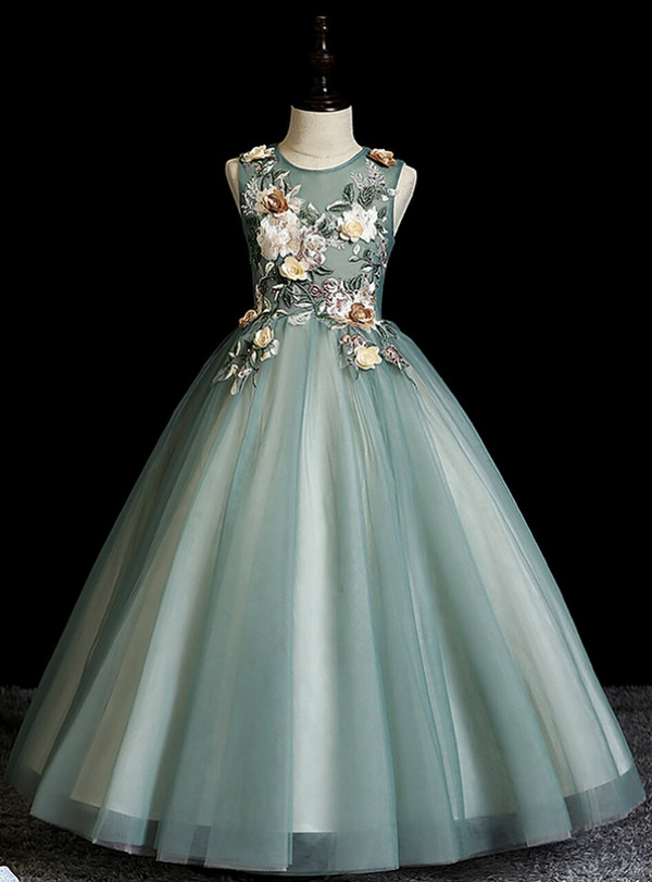 Green Embroidery Appliques Tulle Sleeveless Flower Girl Dress