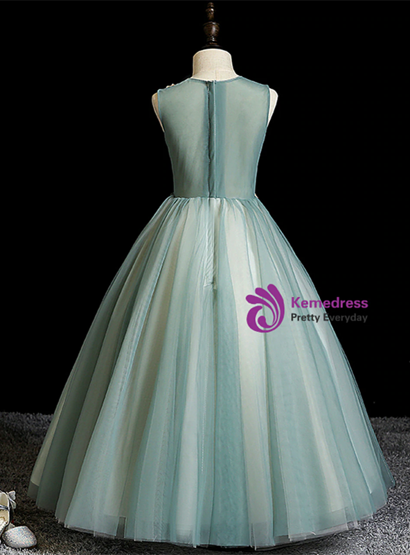 Green Embroidery Appliques Tulle Sleeveless Flower Girl Dress