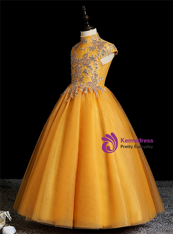 Gold Tulle High Neck Cap Sleeve Appliques Flower Girl Dress
