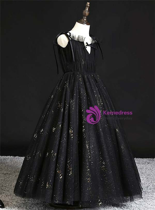 Black Spagehtti Straps Tulle Sequins Pleats Flower Girl Dress