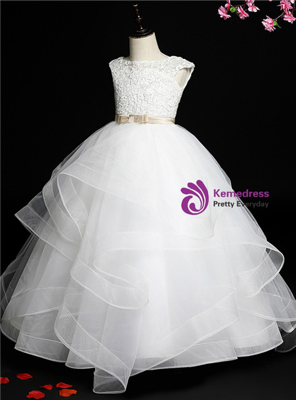 White Tulle Cap Sleeve Open Back Appliques Flower Girl Dress