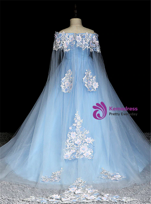 Latest Blue Tulle Off the Shoulder Appliques Flower Girl Dress