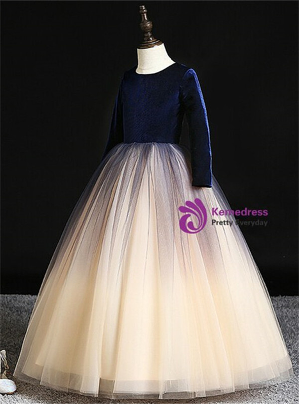 Champagne Ball Gown Tulle Blue Velvet Long Sleeve Flower Girl Dress