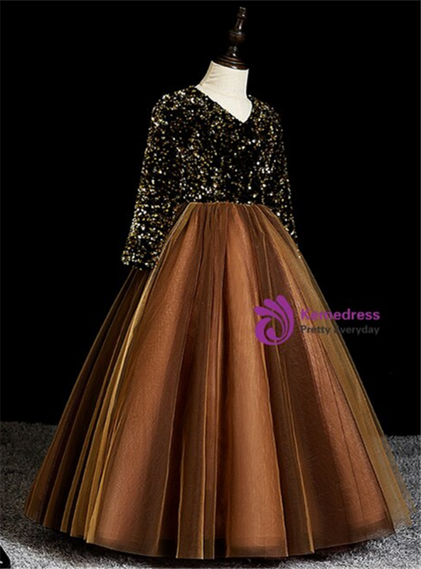 Brown Tulle Sequins V-neck Long Sleeve Flower Girl Dress