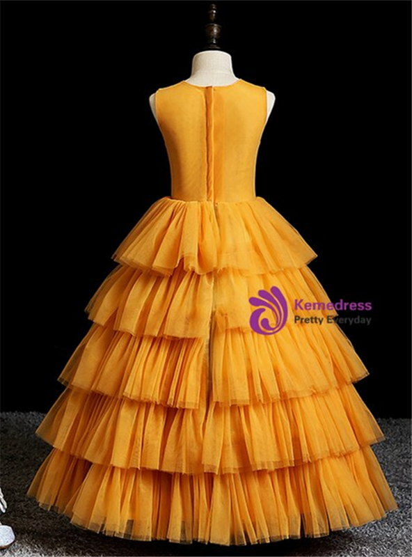 Fabulous Gold Tulle Tiers Sequins Appliques Flower Girl Dress