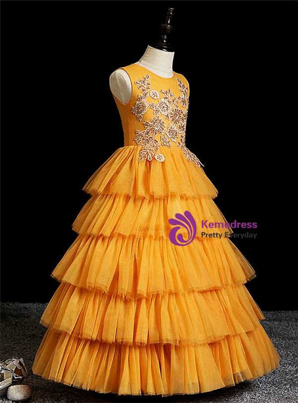 Fabulous Gold Tulle Tiers Sequins Appliques Flower Girl Dress