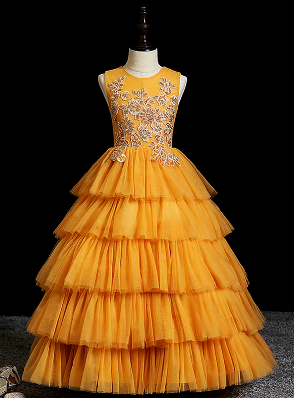 Fabulous Gold Tulle Tiers Sequins Appliques Flower Girl Dress