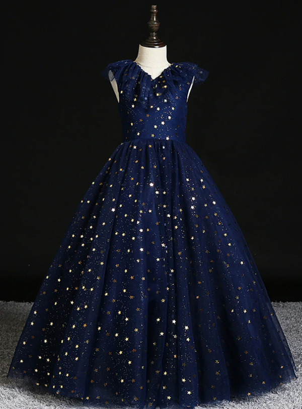 Fancy Navy Blue Tulle Star Sequins V-neck Flower Girl Dress