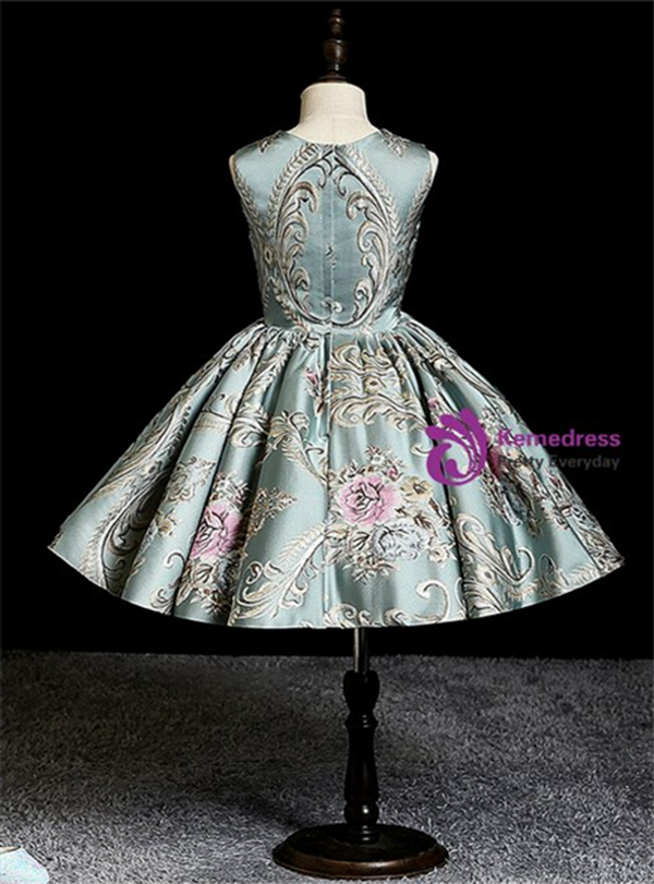 Fashionable Green Satin Embroidery Knee Length Flower Girl Dress