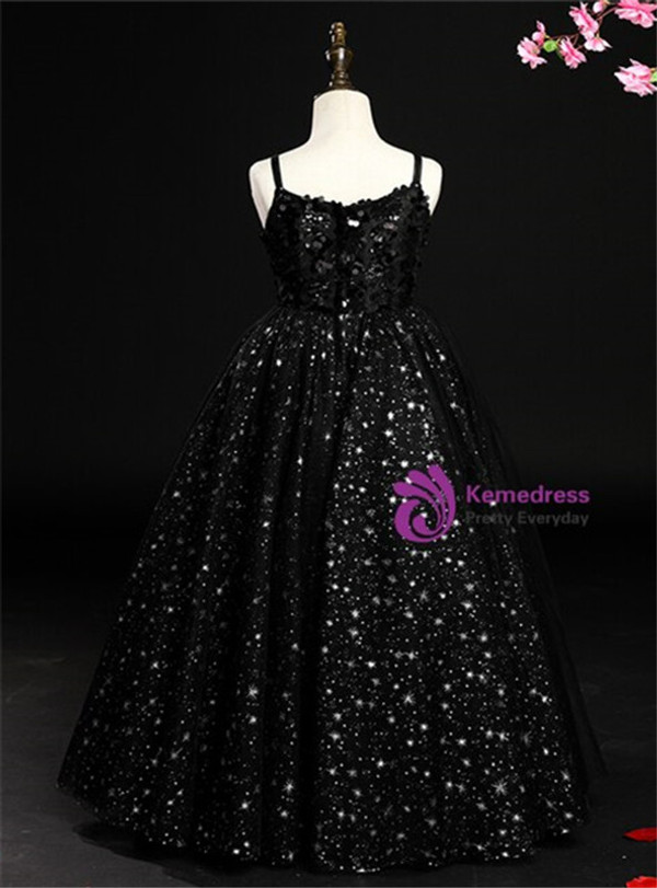 Impressive Black Sequins Spagehtti Straps Flower Girl Dress