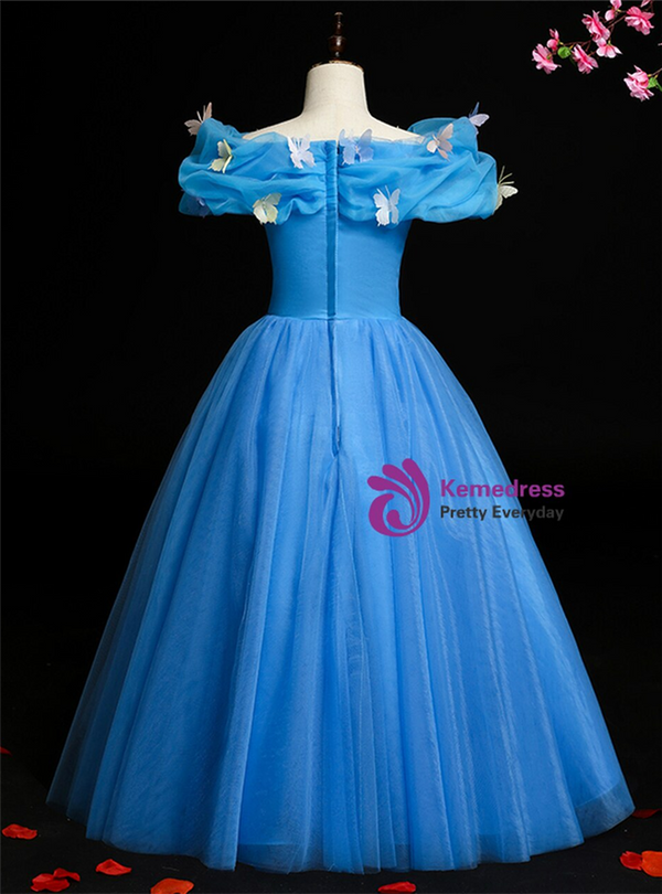 High quality Blue Tulle Off the Shoulder Butterfly Flower Girl Dress