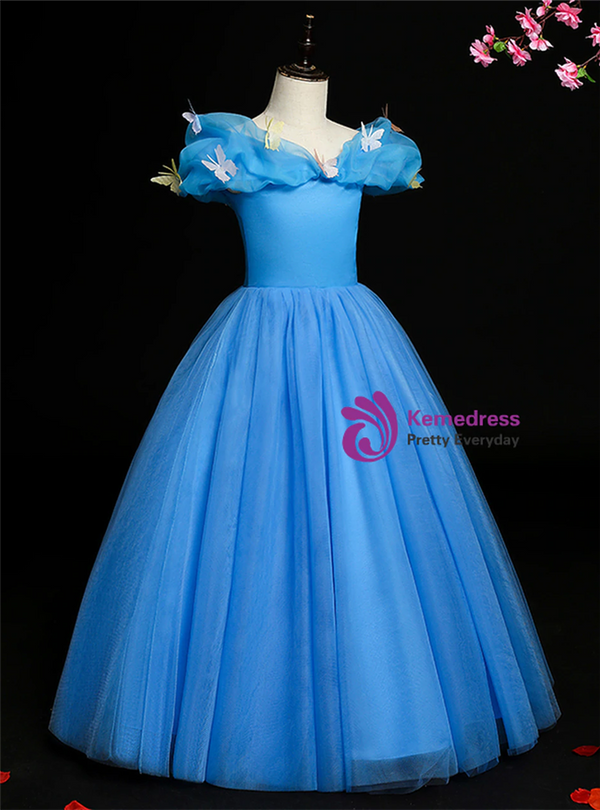High quality Blue Tulle Off the Shoulder Butterfly Flower Girl Dress