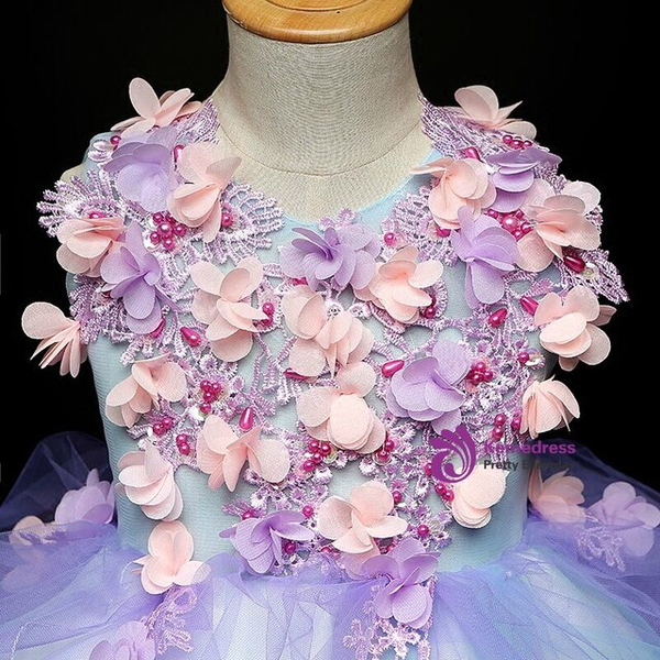 Modest Blue Appliques Scoop Short Flower Girl Dress