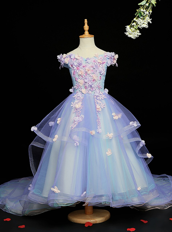 Blue Tulle Hi Lo Off the Shoulder Appliques Flower Girl Dress With Train