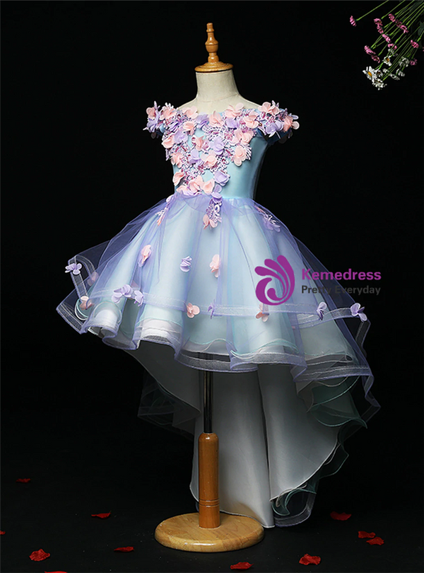 Beautiful Blue Tulle Hi Lo Appliques Flower Girl Dress