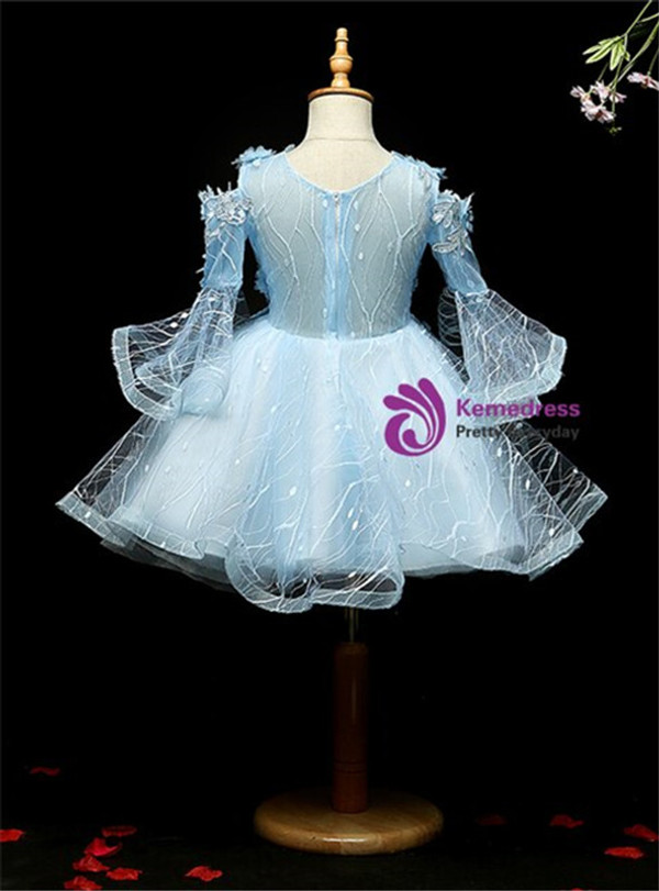 Blue Tulle Long Sleeve Cold Sleeve Appliques Flower Girl Dress