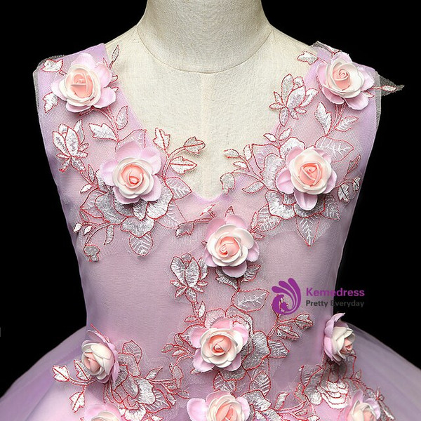 Purple Tulle Appliques V-neck Short Flower Girl Dress