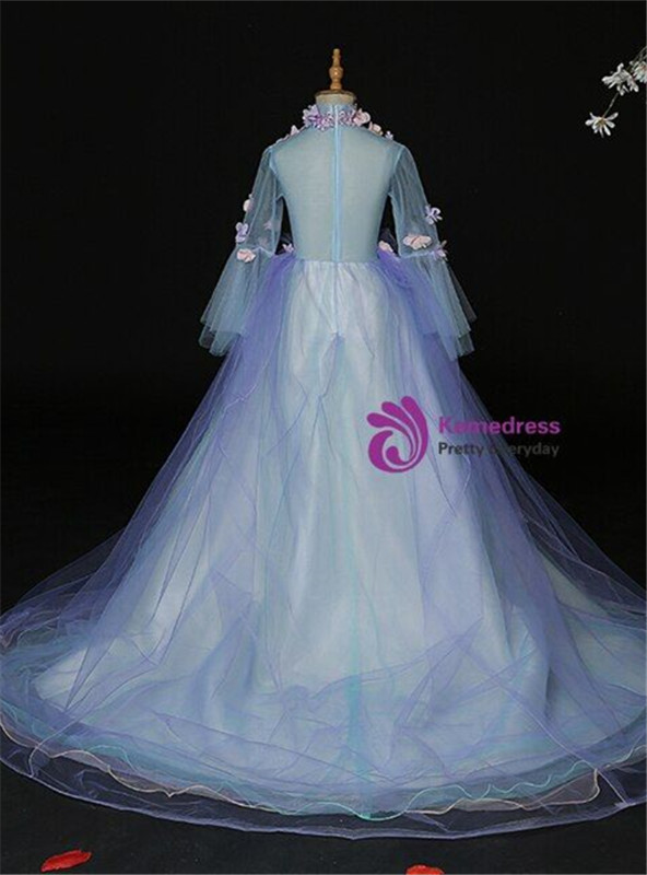 Sweet Blue Tulle Long Sleeve Appliques Flower Girl Dress