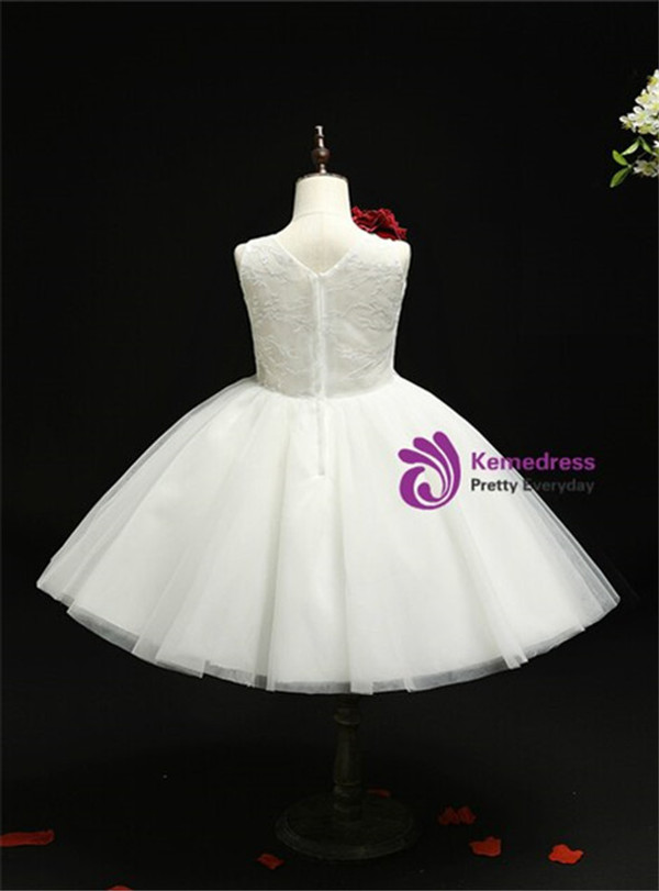Amazing White Tulle Appliques Knee Length Flower Girl Dress