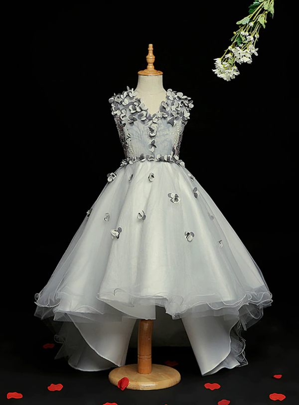 Advanced Gray Tulle Hi Lo V-neck Appliques Flower Girl Dress