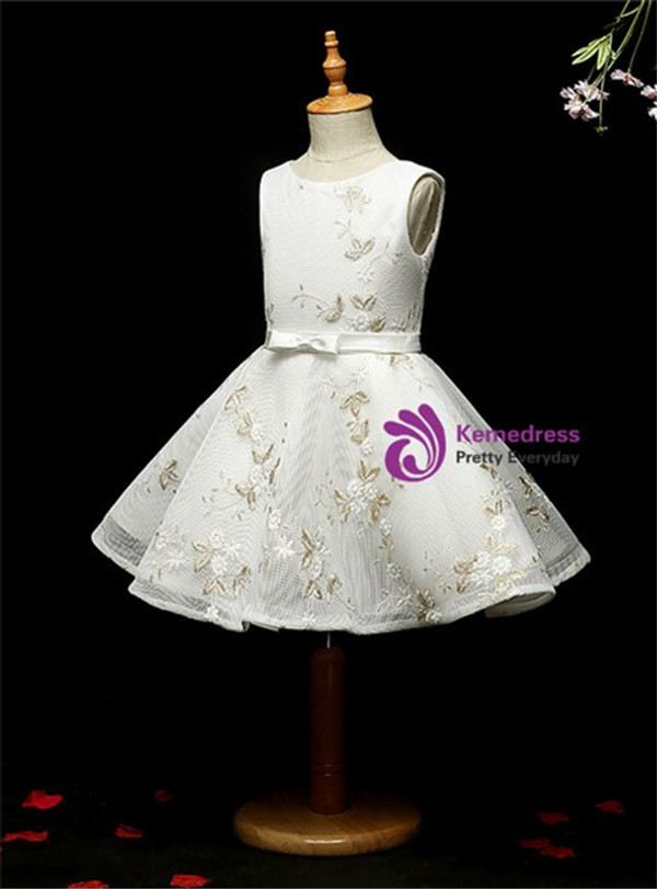 Elegance White Tulle Embrodiery Knee Length Flower Girl Dress