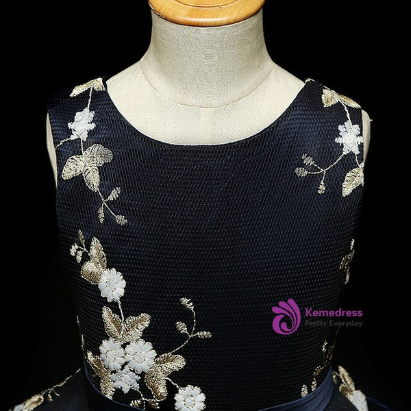 Princess Navy Blue Tulle Embroidery Flower Girl Dress