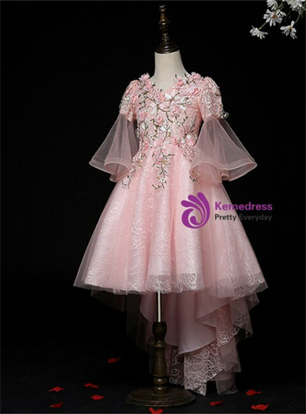 Queenly Pink Tulle Lace V-neck Short Sleeve Appliques Flower Girl Dress