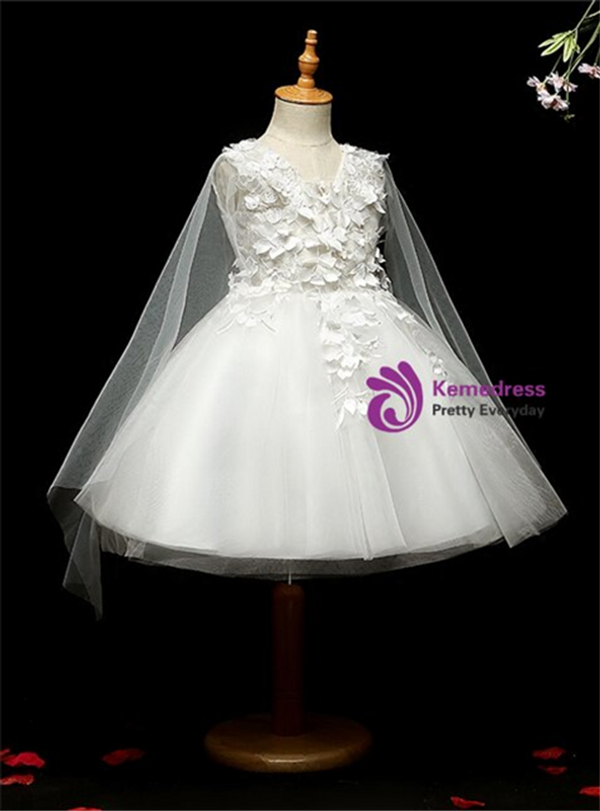 Dreamy White Tulle V-neck Appliques Flower Girl Dress