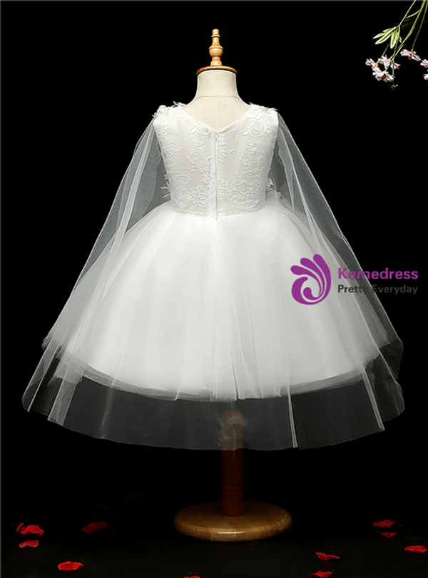 Dreamy White Tulle V-neck Appliques Flower Girl Dress