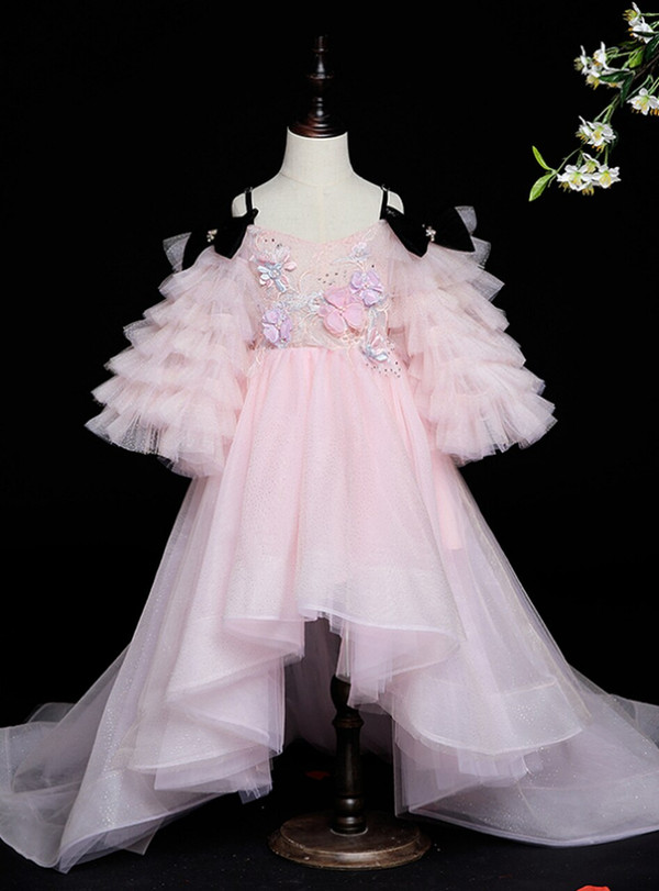 Pink Tulle Hi Lo Puff Sleeve Appliques Flower Girl Dress