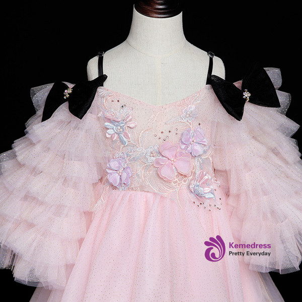 Pink Tulle Hi Lo Puff Sleeve Appliques Flower Girl Dress