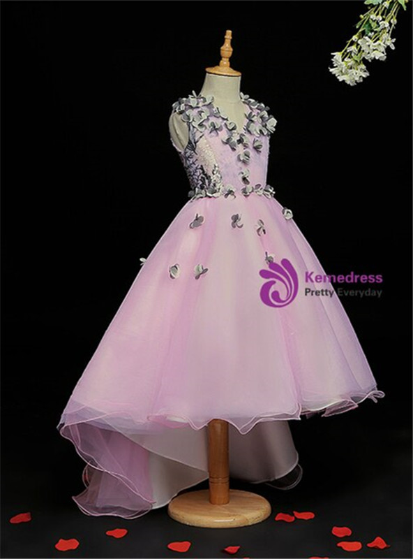 Light Purple Tulle Hi Lo Appliques Flower Girl Dress