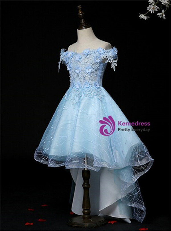 Winsome Blue Tulle Hi Lo Appliques Flower girl Dress