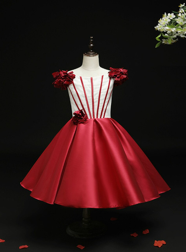 Cheap Burgundy Satin Tea Length Short Flower Girl Dress