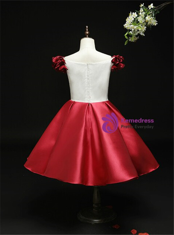 Cheap Burgundy Satin Tea Length Short Flower Girl Dress