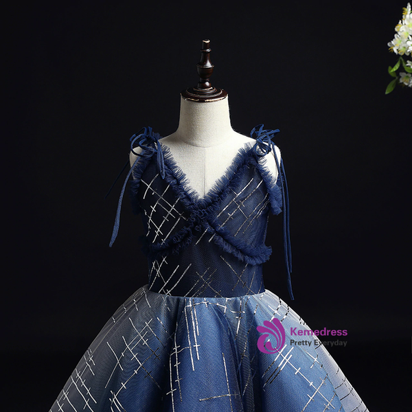 Navy Blue Hi Lo V-neck Tulle Sequins Flower Girl Dress
