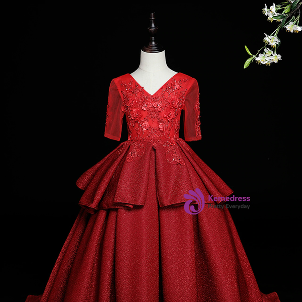 Elegance Burgundy V-neck Short Sleeve Appliques Flower Girl Dress