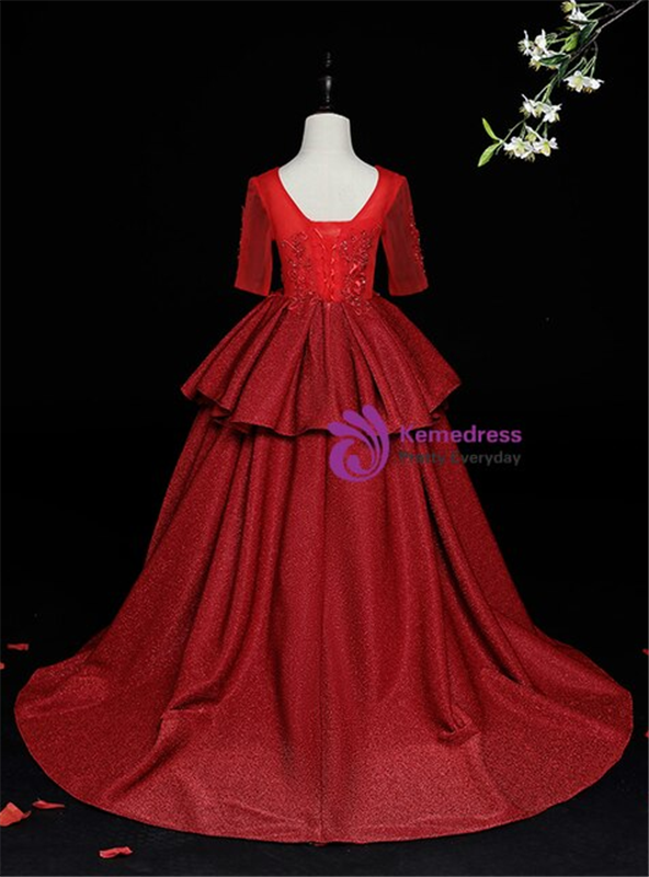 Elegance Burgundy V-neck Short Sleeve Appliques Flower Girl Dress